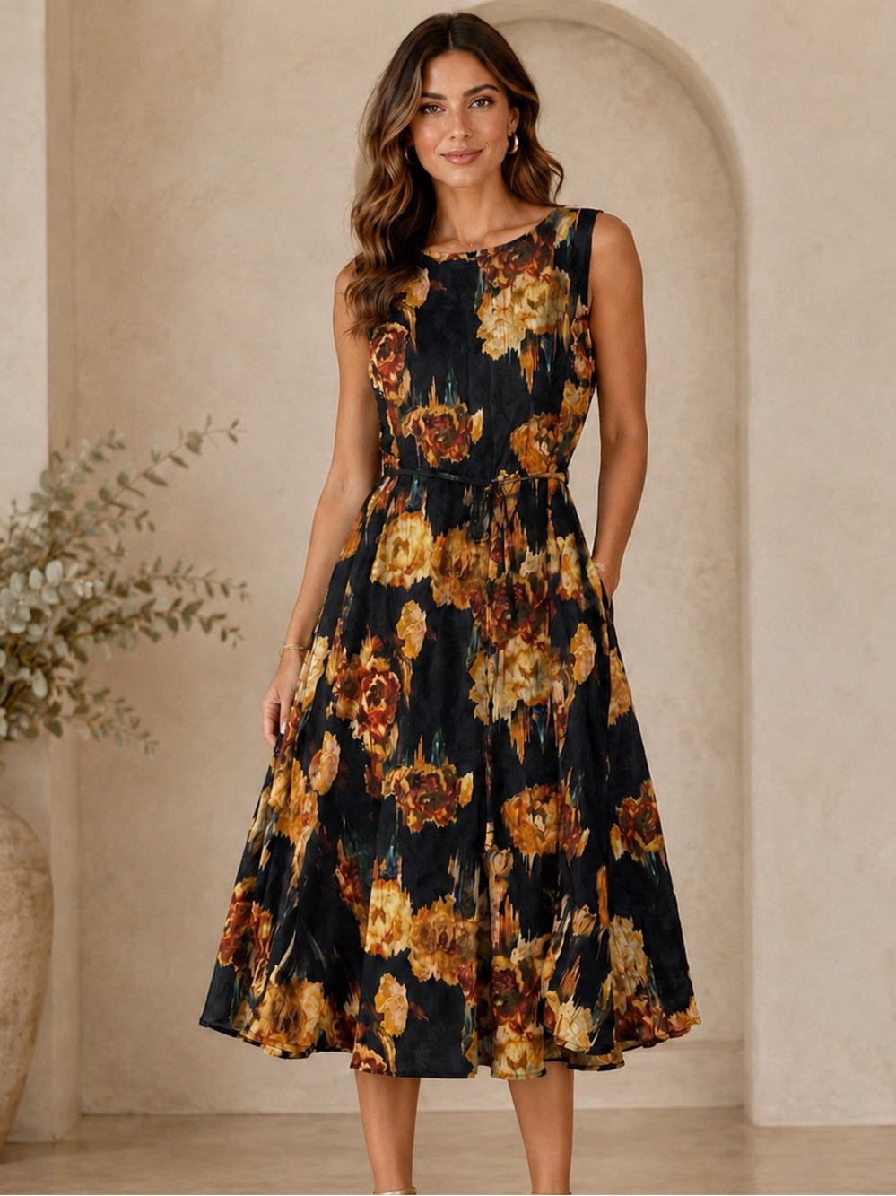 Beulah Black Floral Midi Dress with Golden Yellow Blooms NWOT